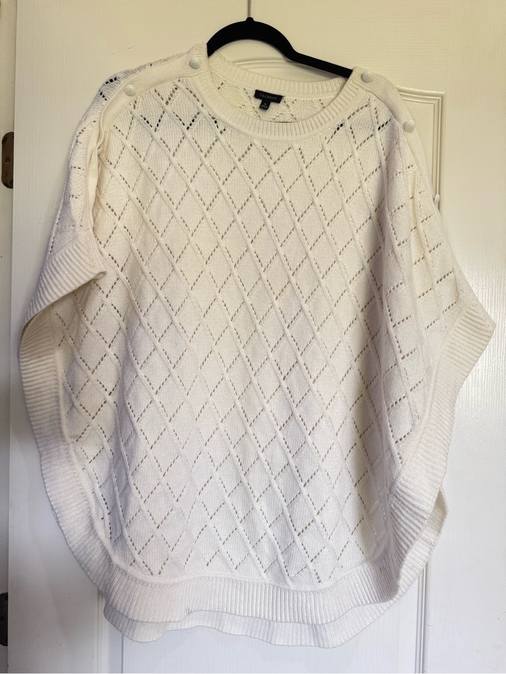 Talbots Ivory Diamond Pointelle Knit Poncho Sweater Button Shoulder M